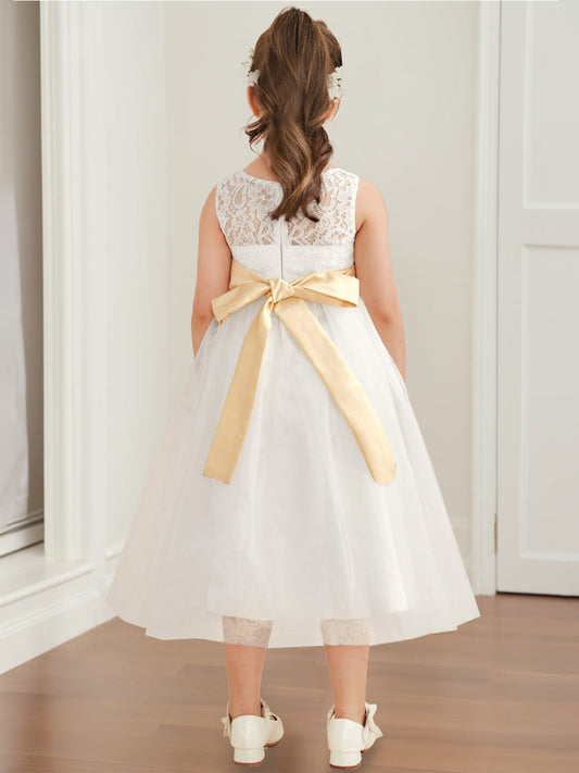 Graceful A-Line Lace Round Neck Sleeveless Bow Back First Communion Dresses