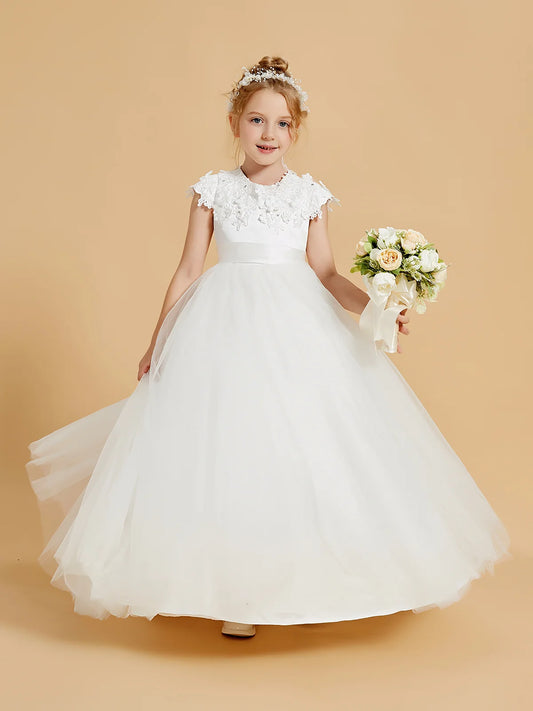 Heowos white Communion dress with round neckline, floral lace cap sleeves, satin waistband and full floor-length tulle skirt.
