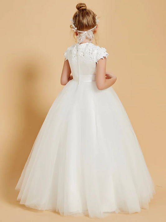Elegant Ball Gown Round-Neck Cap-Sleeve Zipper-Back Floor-Length Lace First Communion Dresses