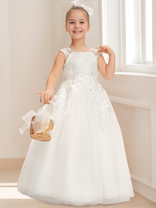 Elegant A-Line Lace Round Neck Sleeveless Bow Back Flower Girl Dresses