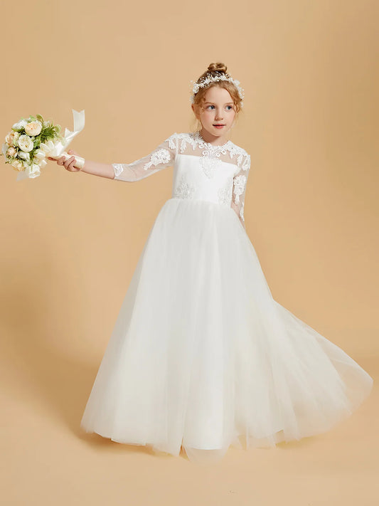 Heowos white Communion dress with lace illusion neckline, sheer three-quarter sleeves and a full floor-length tulle skirt.