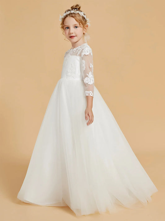 Timeless A-Line Illusion-Neck Three-Quarter Sleeves Button-Back Floor-Length Lace First Communion Dresses