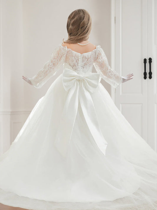 Elegant Ball Gown Illusion Neck Long Sleeve Bow First Communion Dress