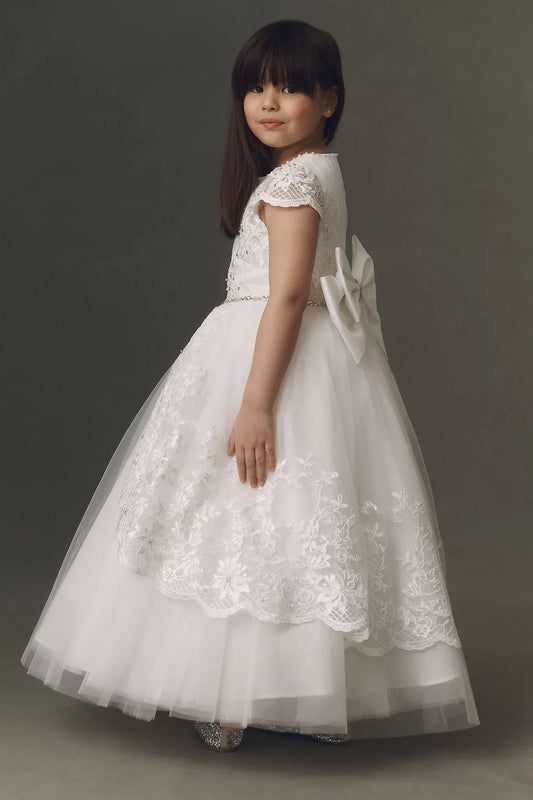 Elegant Ballgown Scoop Neck Cap Sleeve Bow-Back Floor-Length First Communion Dresses