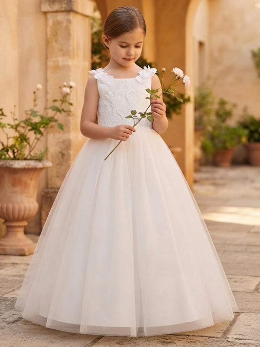 Elegant Tulle A-Line Ruffle Sleeve Pearl Back Flower Girl Dress