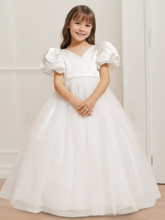 Princess A-Line V-Neck Puff Sleeve Bow Back First Communion Dresses