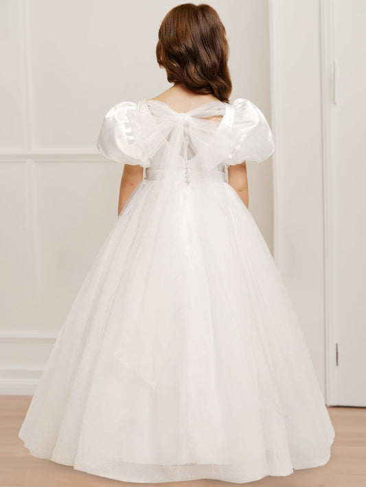 Princess A-Line V-Neck Puff Sleeve Bow Back First Communion Dresses
