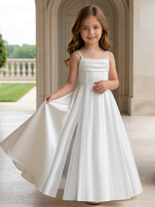 Elegant A-Line Straight Neck Sleeveless Lace-Up Floor Length Flower Girl Dress