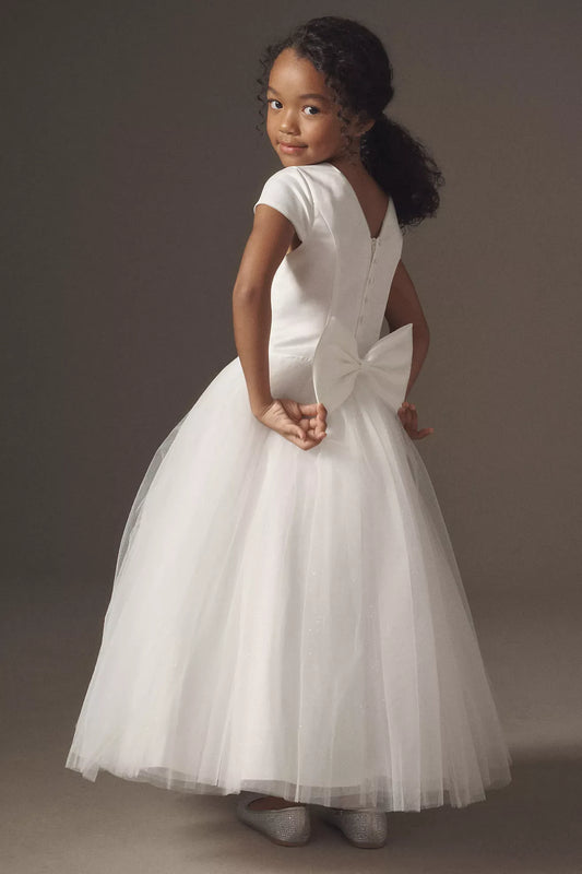 Elegant Ballgown Round Neck Cap Sleeves V-Back Ankle-Length First Communion Dresses