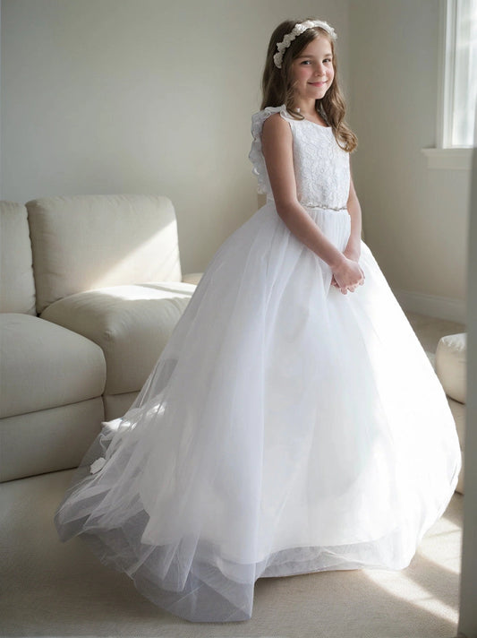 Elegant A?Line Round Neck Ruffle?Sleeve Pearl?Back Train?Length Flower Girl Dress