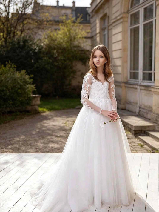 Elegant A?Line V?Neck Long?Sleeve Deep V?Back Train First Communion Dress