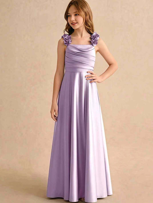 Elegant A?Line Square Neck Cape Sleeve V?Back Floor?Length Junior Bridesmaid Dress