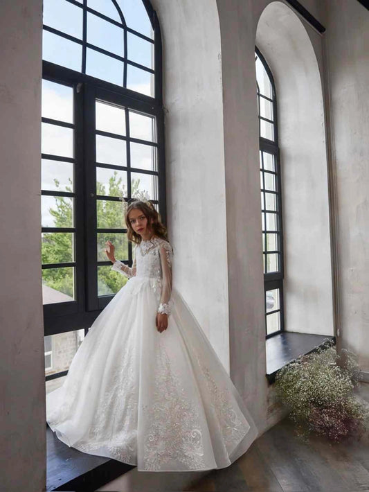 Elegant Ball Gown High Neck Long Sleeve Cutout Back Train Flower Girl Dress