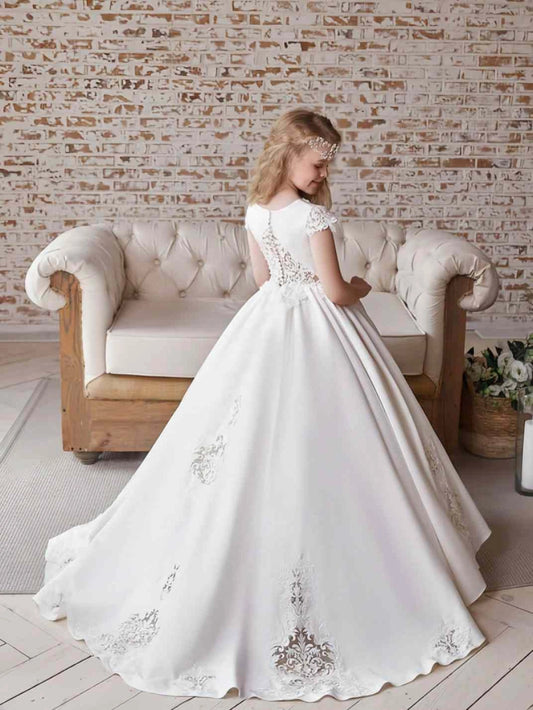Elegant Ball Gown V Neck Cap Sleeve Lace Open Back Long Train Flower Girl Dress